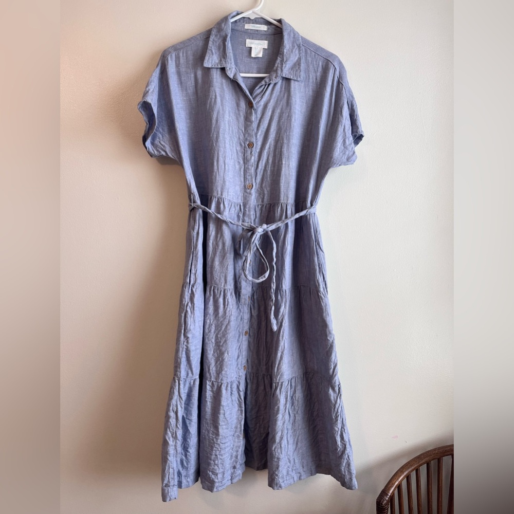 100% Linen button down tiered midi dress chambray